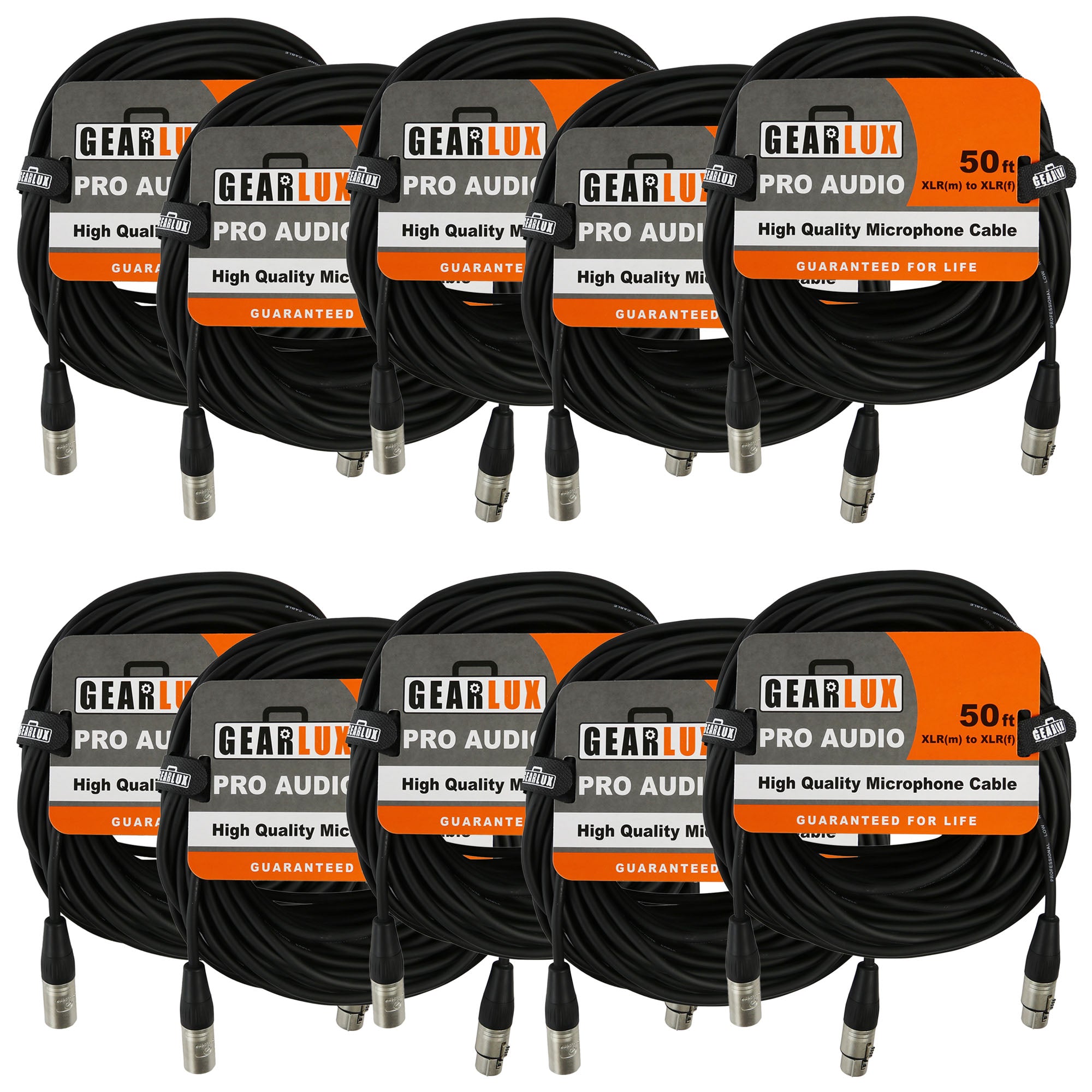 Gearlux 50-Foot XLR Microphone Cable, Fully Balanced, Male to Female, Black - 10 Pack