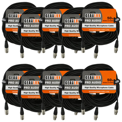 Gearlux 50-Foot XLR Microphone Cable, Fully Balanced, Male to Female, Black - 10 Pack