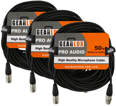 Gearlux 50-Foot XLR Microphone Cable, Fully Balanced, Male to Female, Black - 3 Pack