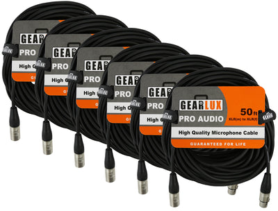 Gearlux 50-Foot XLR Microphone Cable, Fully Balanced, Male to Female, Black - 6 Pack