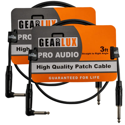 Gearlux 36-Inch Guitar Patch Cable, 1/4 Inch, Straight-Angled, Black - 2 Pack