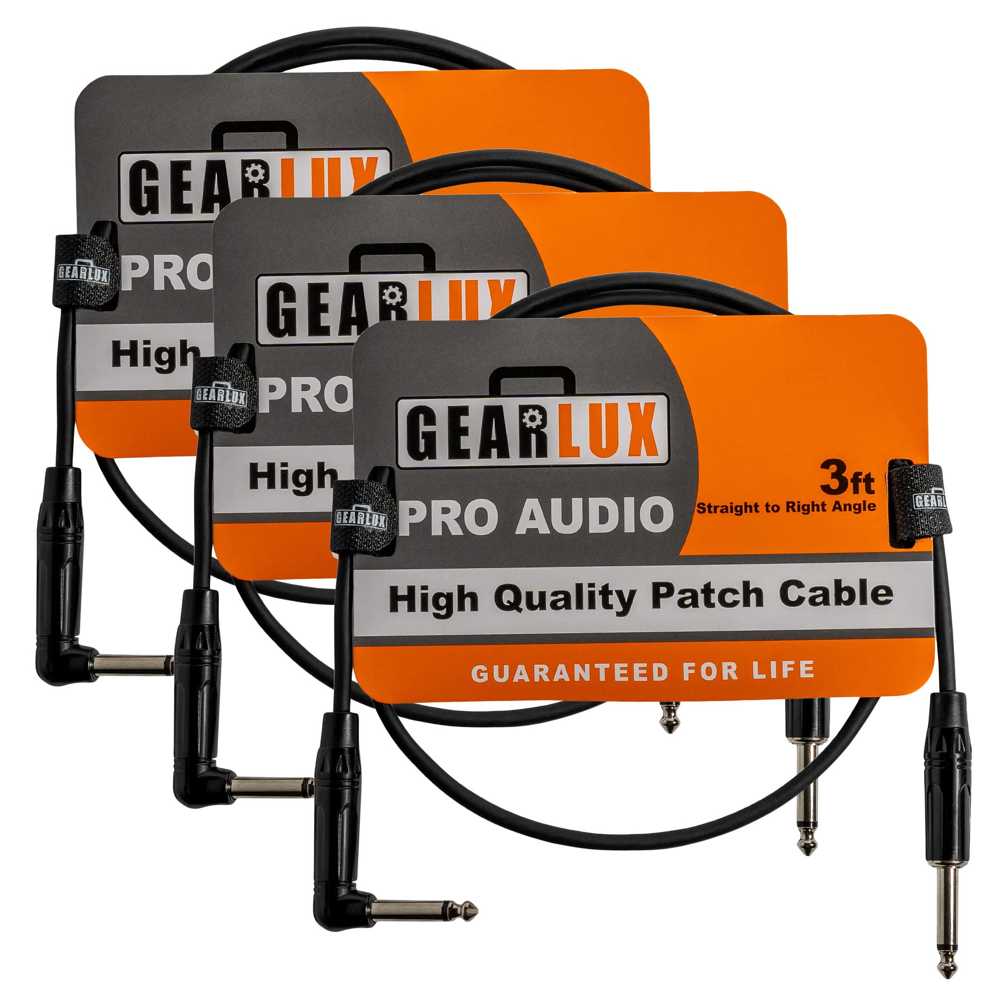 Gearlux 36-Inch Guitar Patch Cable, 1/4 Inch, Straight-Angled, Black - 3 Pack