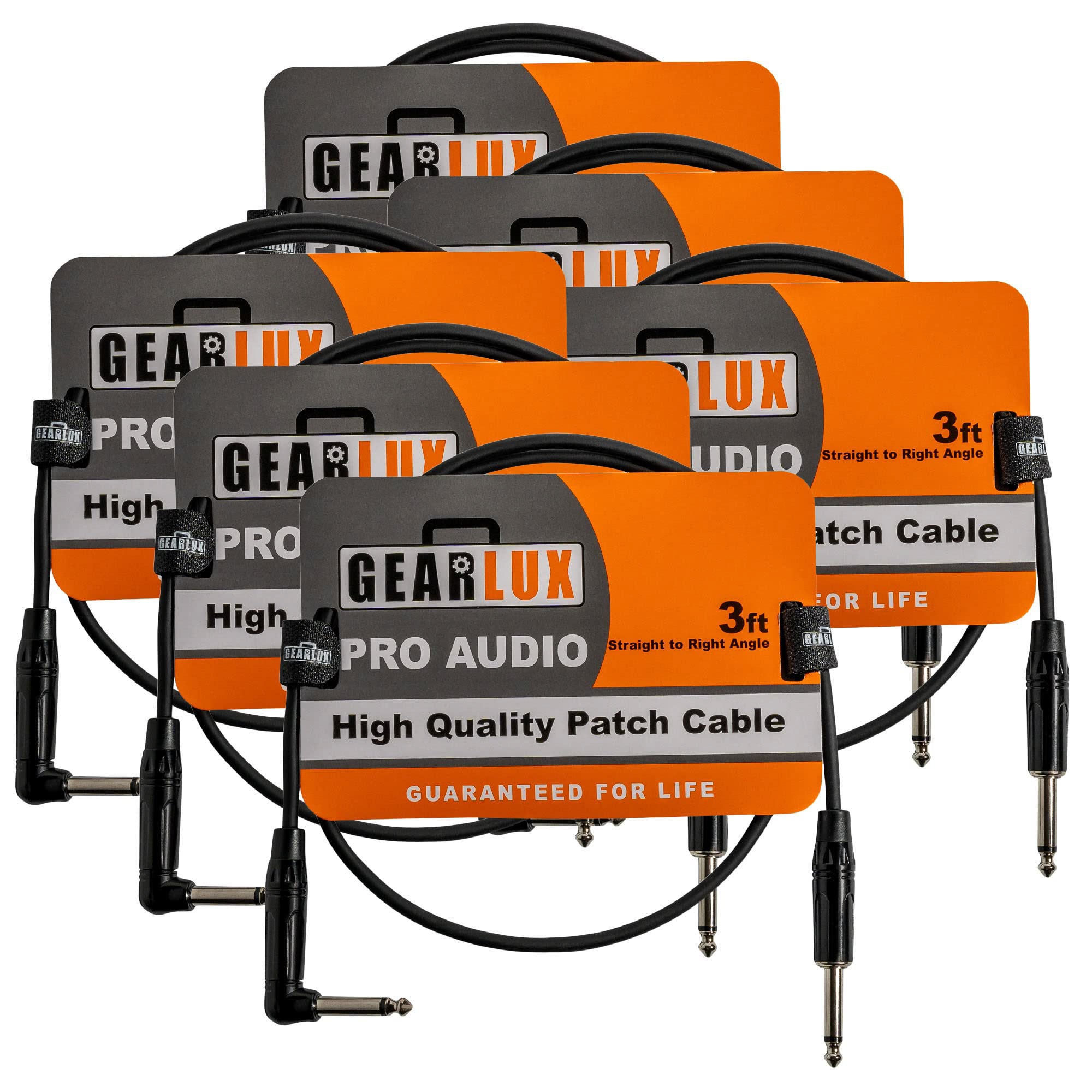 Gearlux 36-Inch Guitar Patch Cable, 1/4 Inch, Straight-Angled, Black - 6 Pack