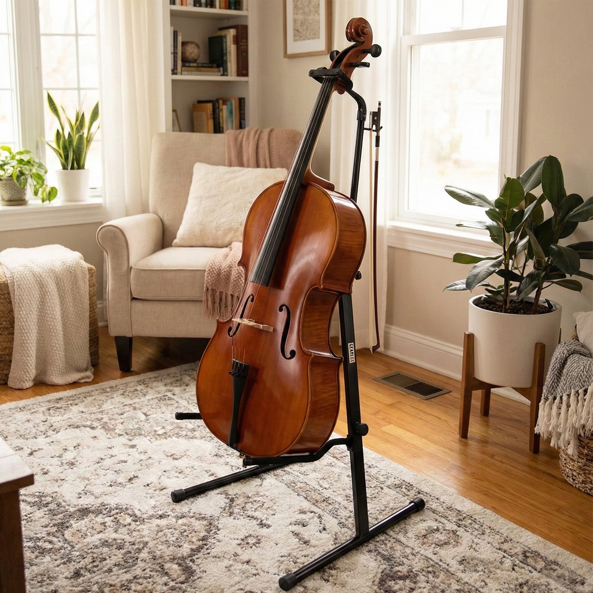 Gearlux Adjustable Foldable Cello Stand with Hook for Bow