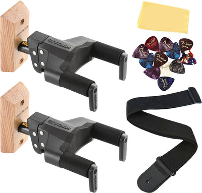 Hercules GSP38WB PLUS Auto Grip Guitar Hanger, Wood Base, Short Arm - 2 Pack w/ Strap