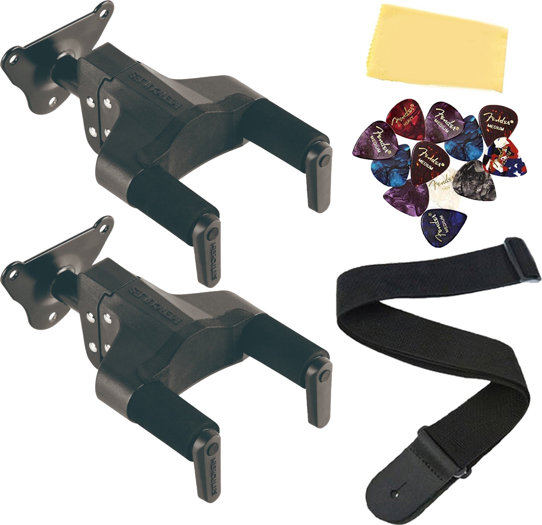 Hercules GSP39WB PLUS Auto Grip Guitar Hanger, Steel Wall Mount, Short Arm - 2 Pack w/ Strap