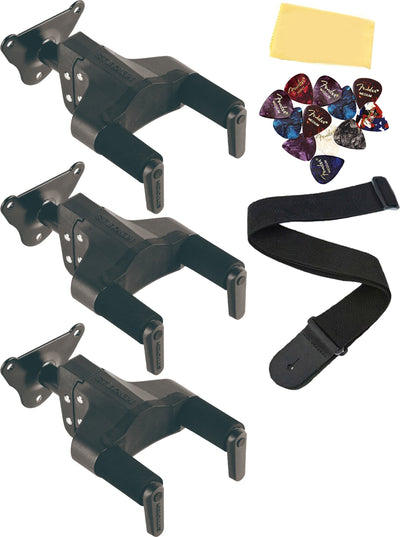 Hercules GSP39WB PLUS Auto Grip Guitar Hanger, Steel Wall Mount, Short Arm - 3 Pack w/ Strap