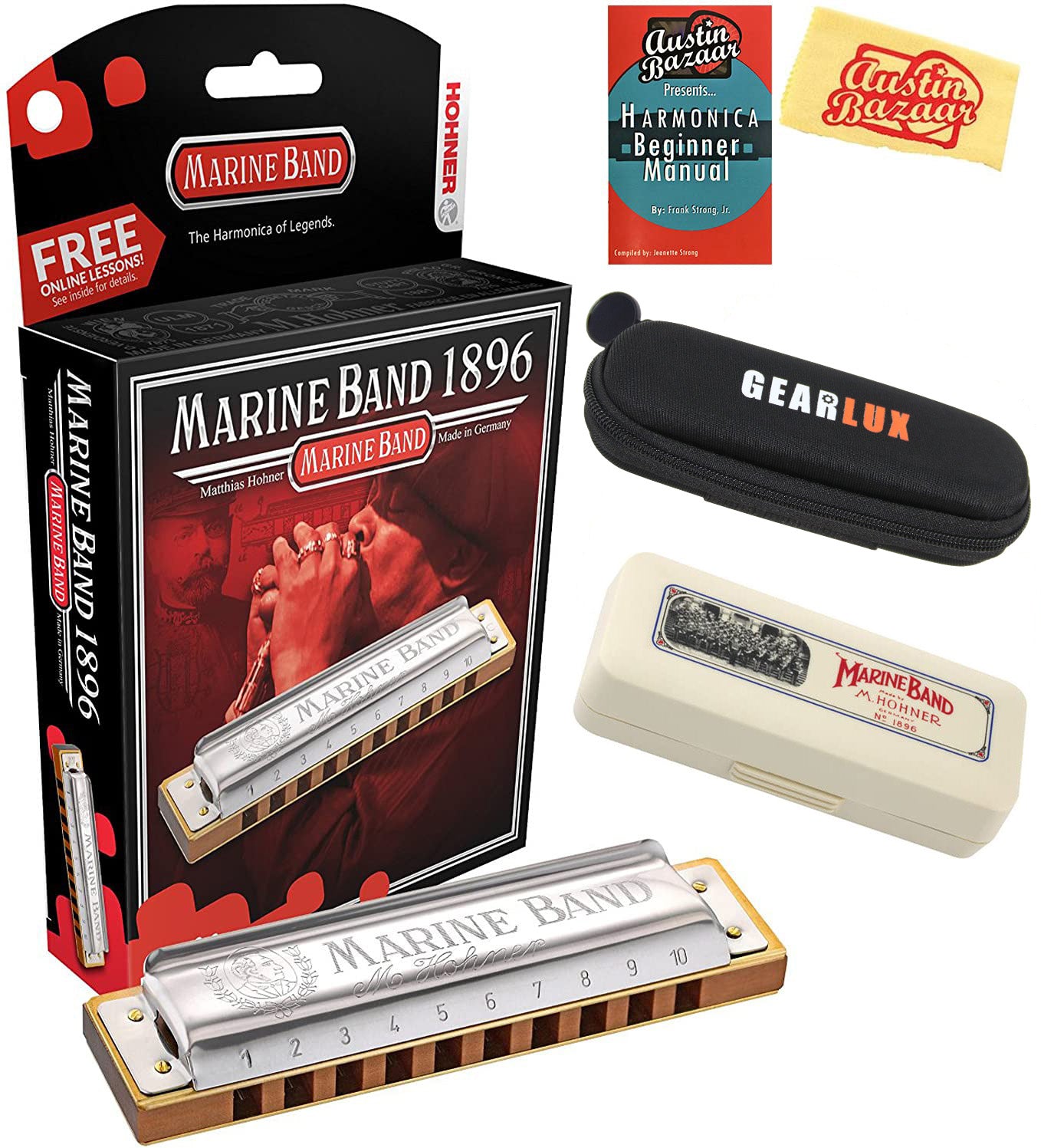 Hohner Marine Band 1896 Harmonica - Key of A w/ Instructional Manual