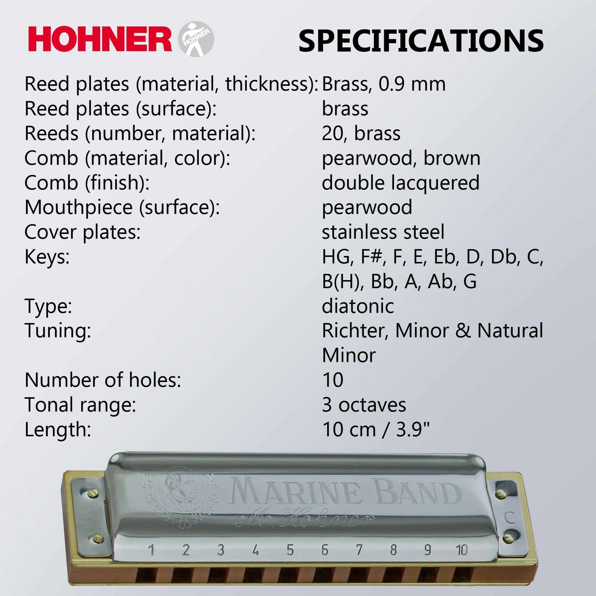 Hohner Marine Band 1896 Harmonica - Key of C w/ Instructional Manual