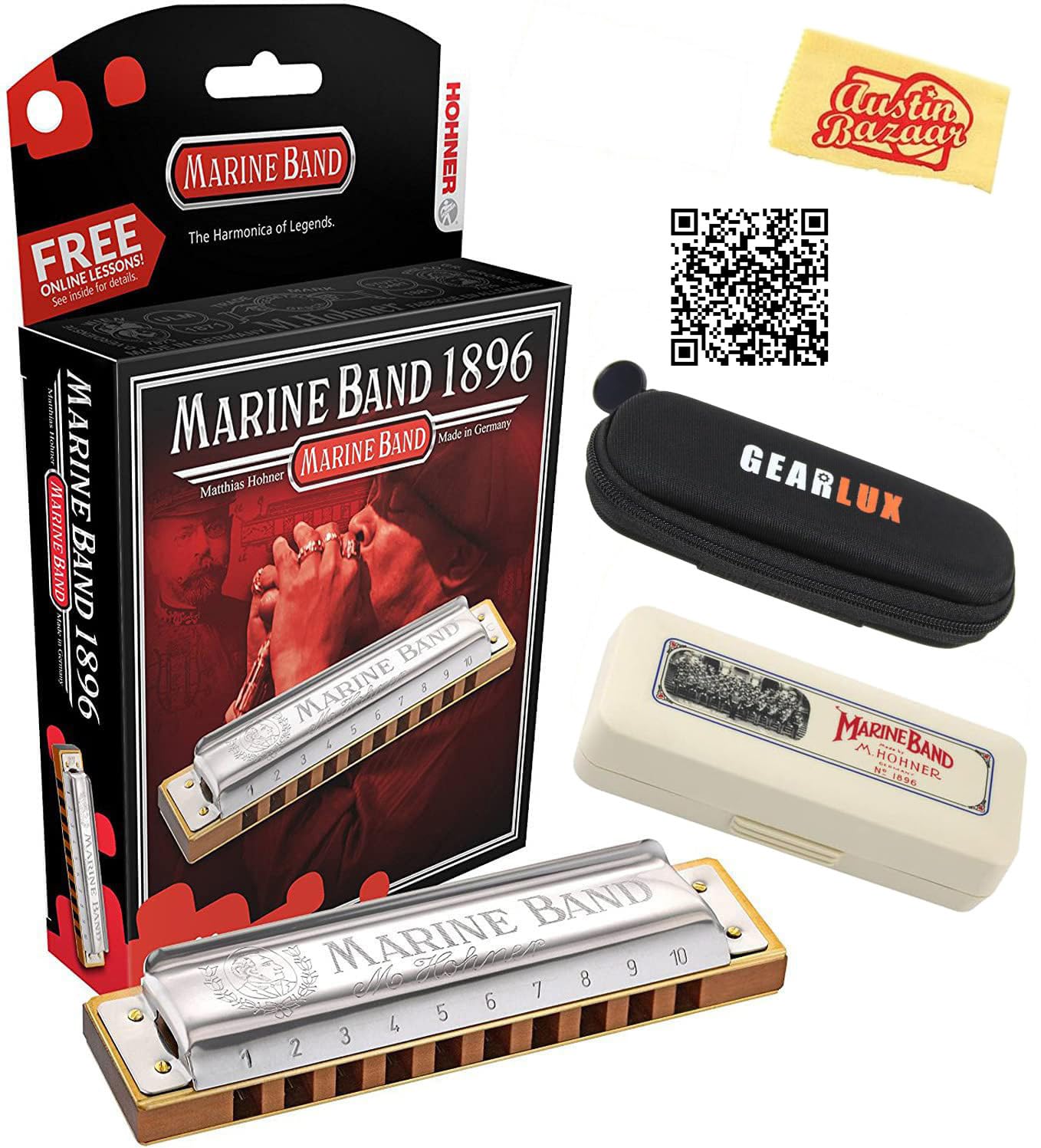 Hohner Marine Band 1896 Harmonica - Key of D w/ Instructional Book