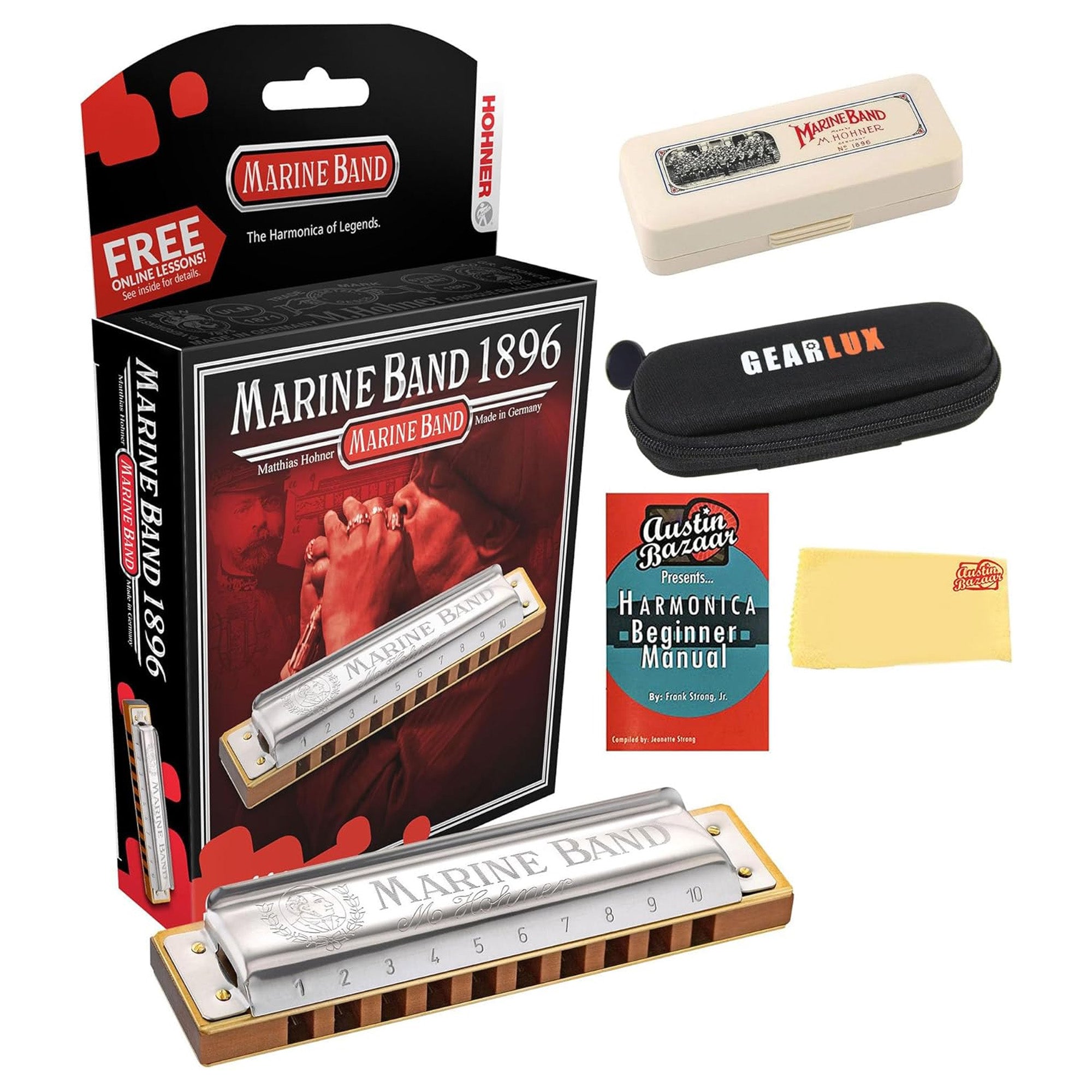 Hohner Marine Band 1896 Harmonica - Key of F Sharp w/ Instructional Manual