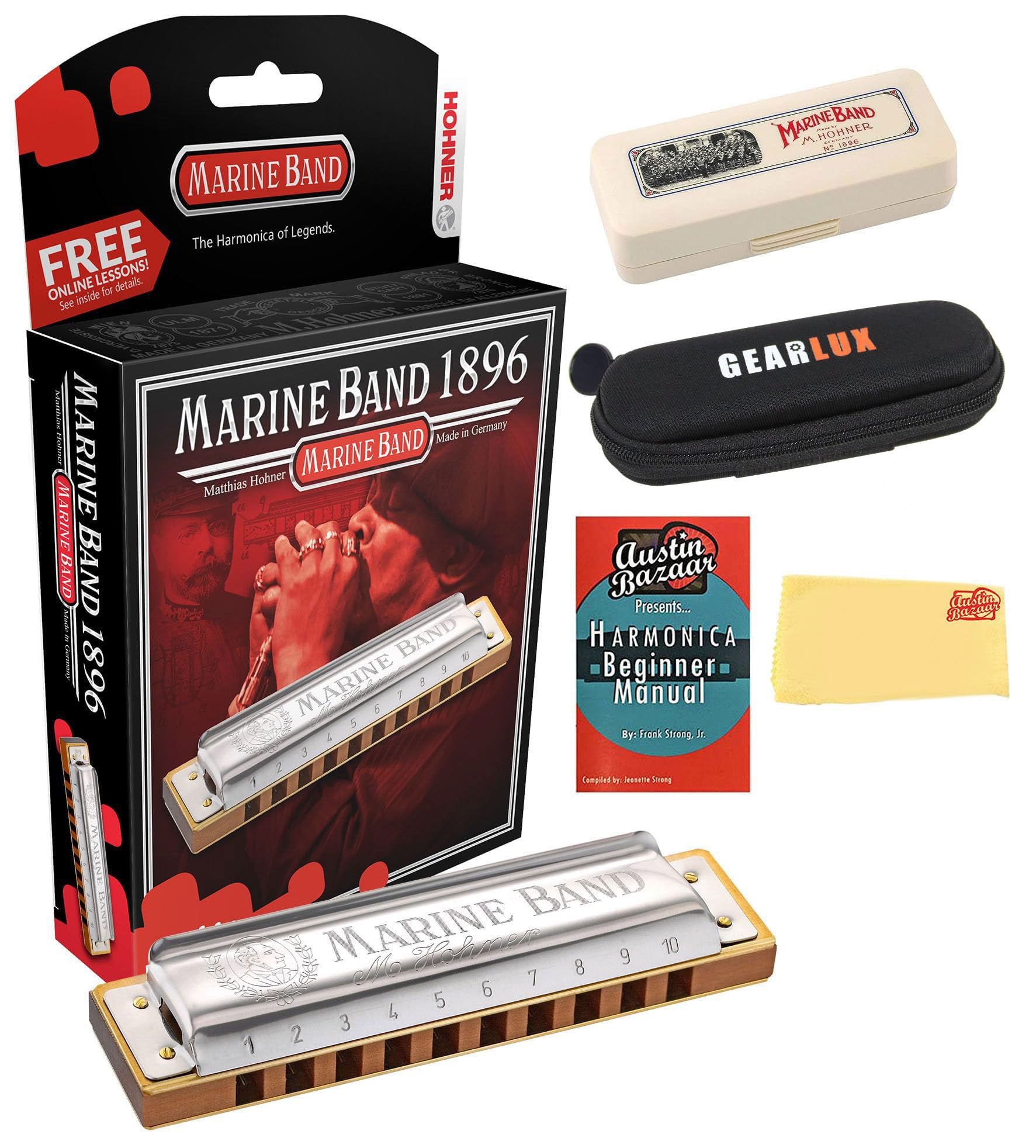 Hohner Marine Band 1896 Harmonica - Key of G w/ Instructional Manual