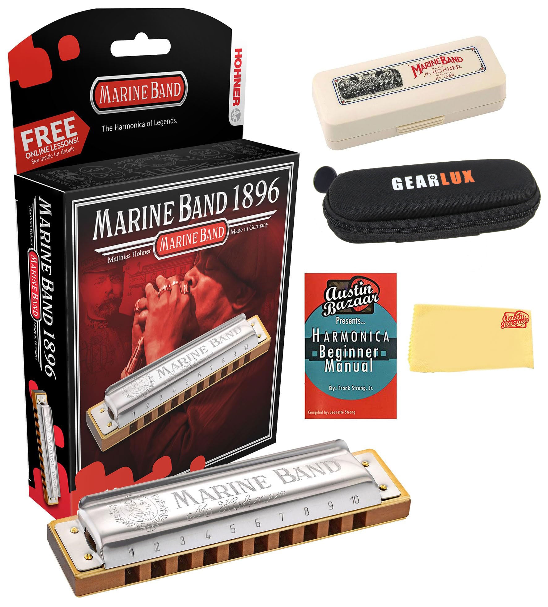 Hohner Marine Band 1896 Harmonica - Key of G Sharp w/ Instructional Manual