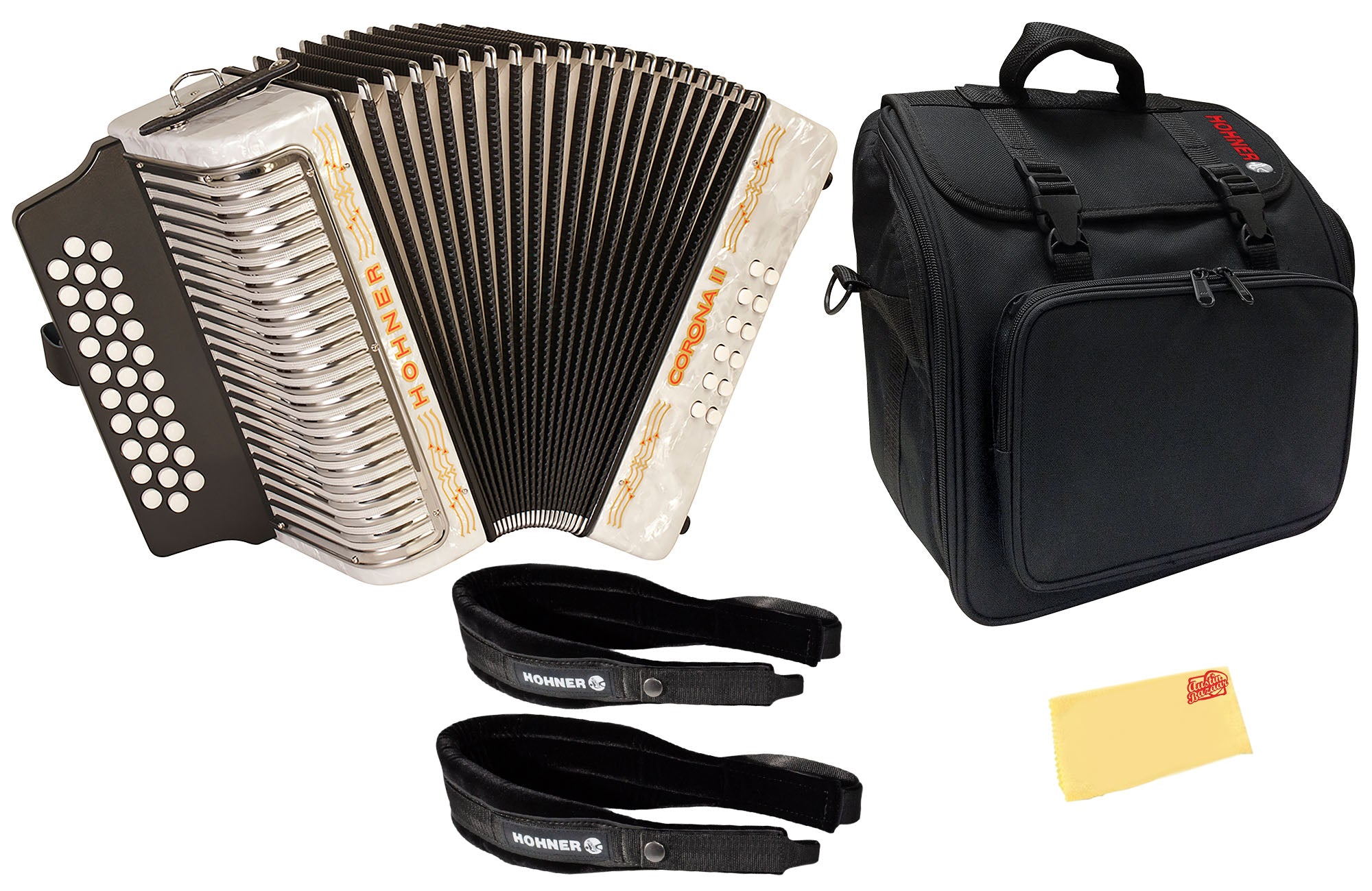 Hohner Corona II G/C/F Accordion - Pearl White w/ Gig Bag