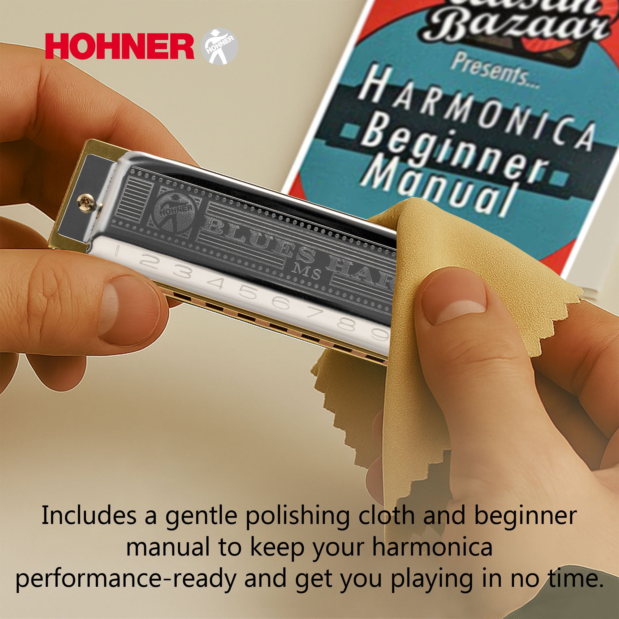 Hohner 532 Blues Harp MS Harmonica - Key of C w/ Beginner Manual
