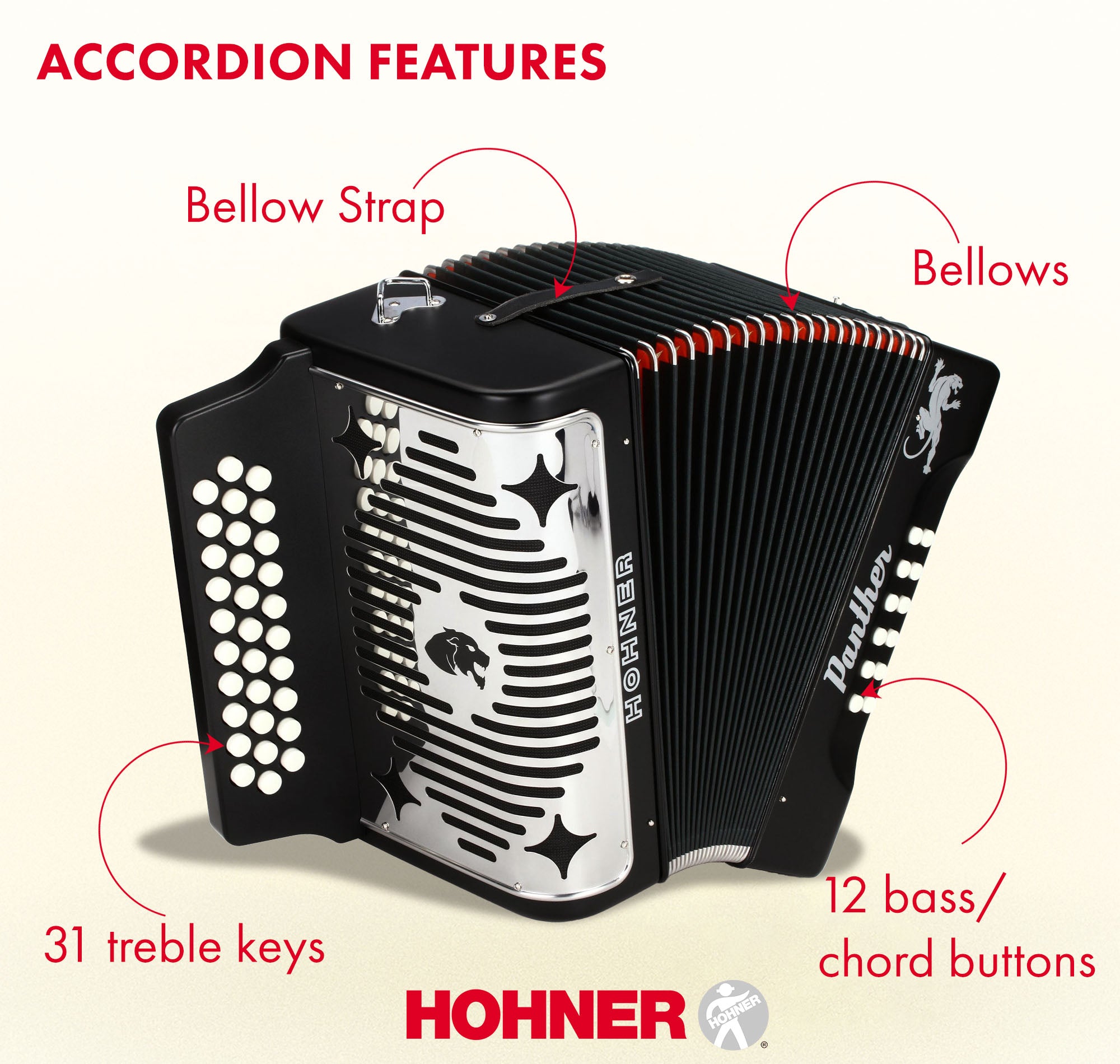 Hohner Panther Diatonic Accordion - Keys G/C/F w/ Hard Case