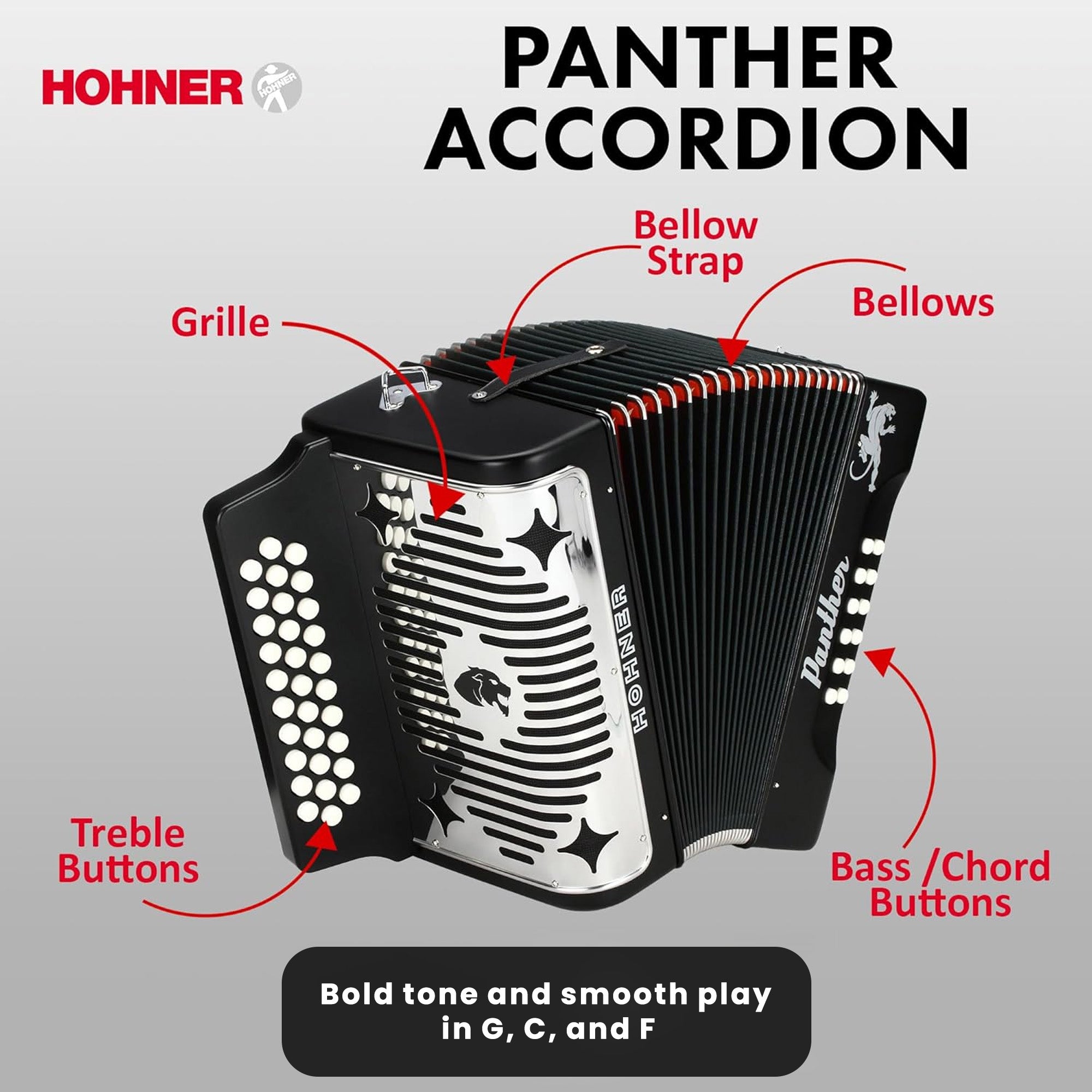 Hohner Panther Diatonic Accordion - Keys G/C/F w/ Gig Bag
