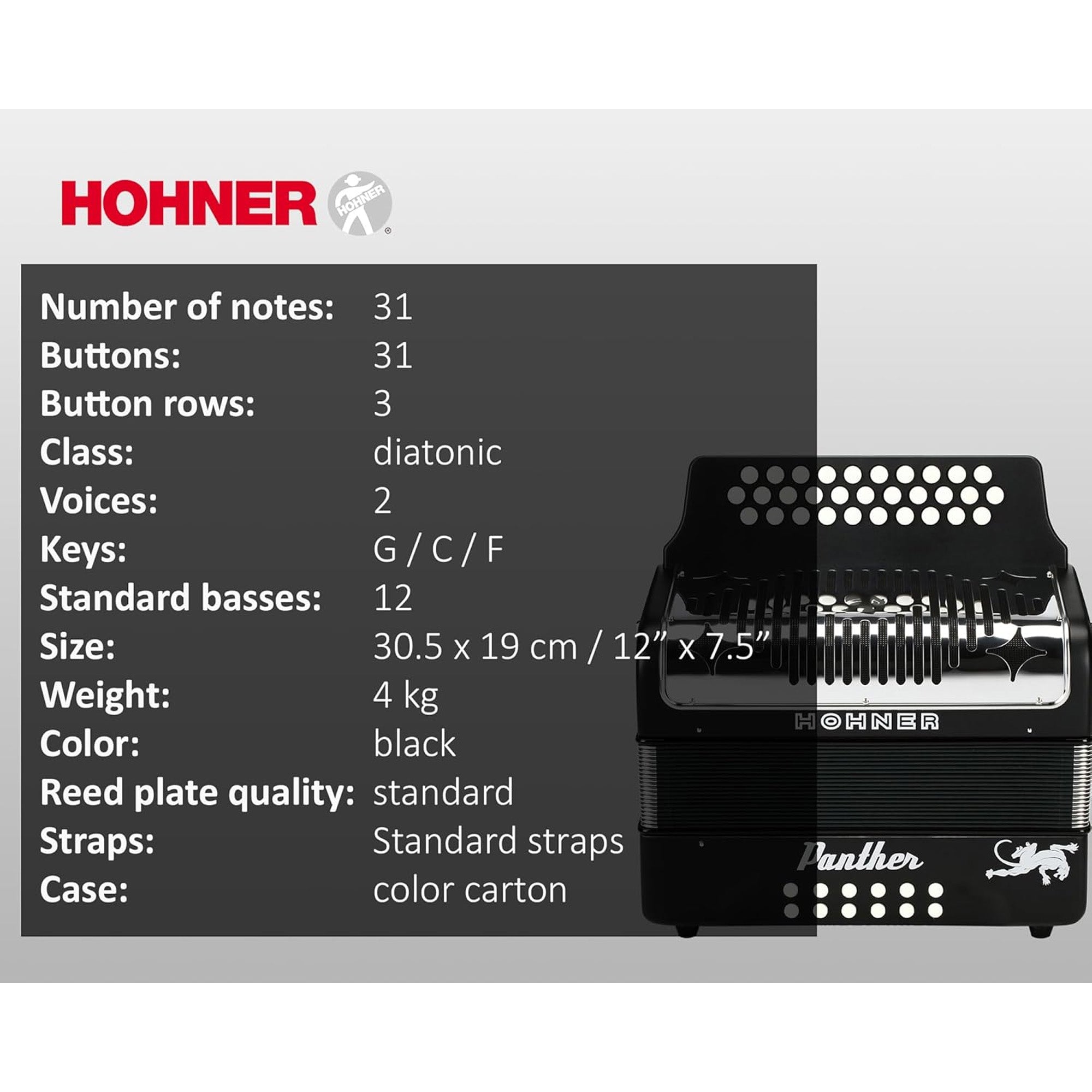 Hohner Panther Diatonic Accordion - Keys G/C/F w/ Gig Bag