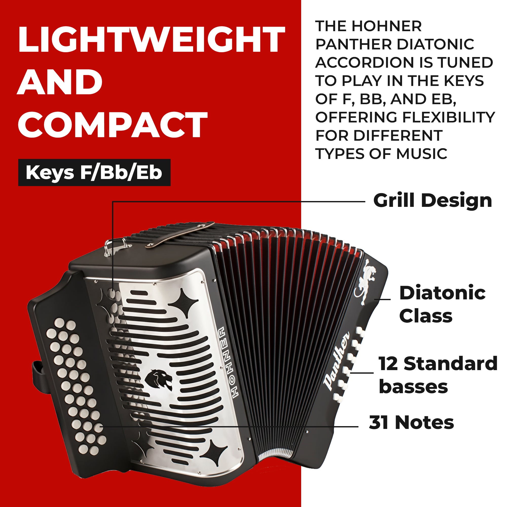 Hohner Panther Diatonic Accordion - Keys F/Bb/Eb w/ Hard Case