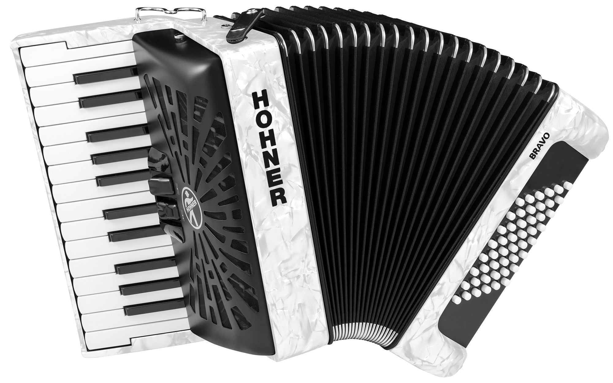 Hohner Bravo II 48 Chromatic Piano Key Accordion - White w/ Hard Case