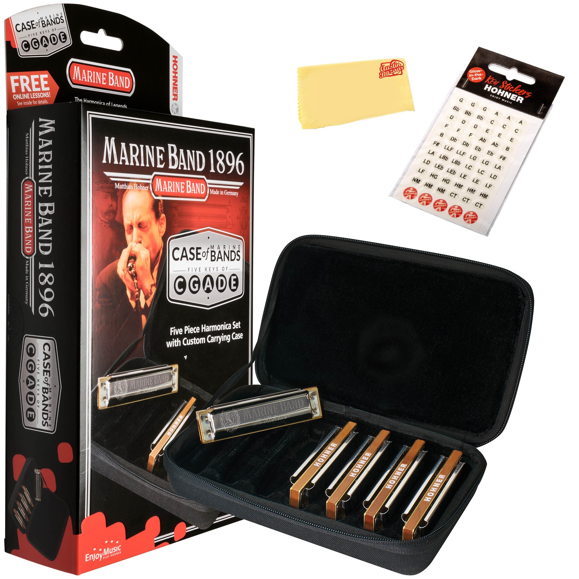 Hohner MBC Marine Band 1896 Harmonica - 5 Pack w/ Key Stickers