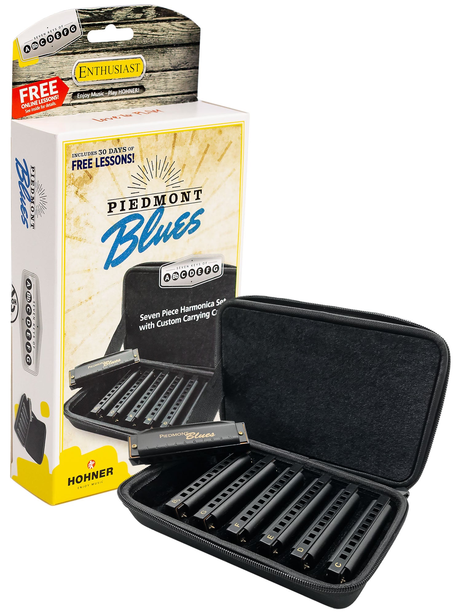 Hohner Piedmont Blues Harmonica 7 Pack - Keys of G, A, Bb, C, D, E, F