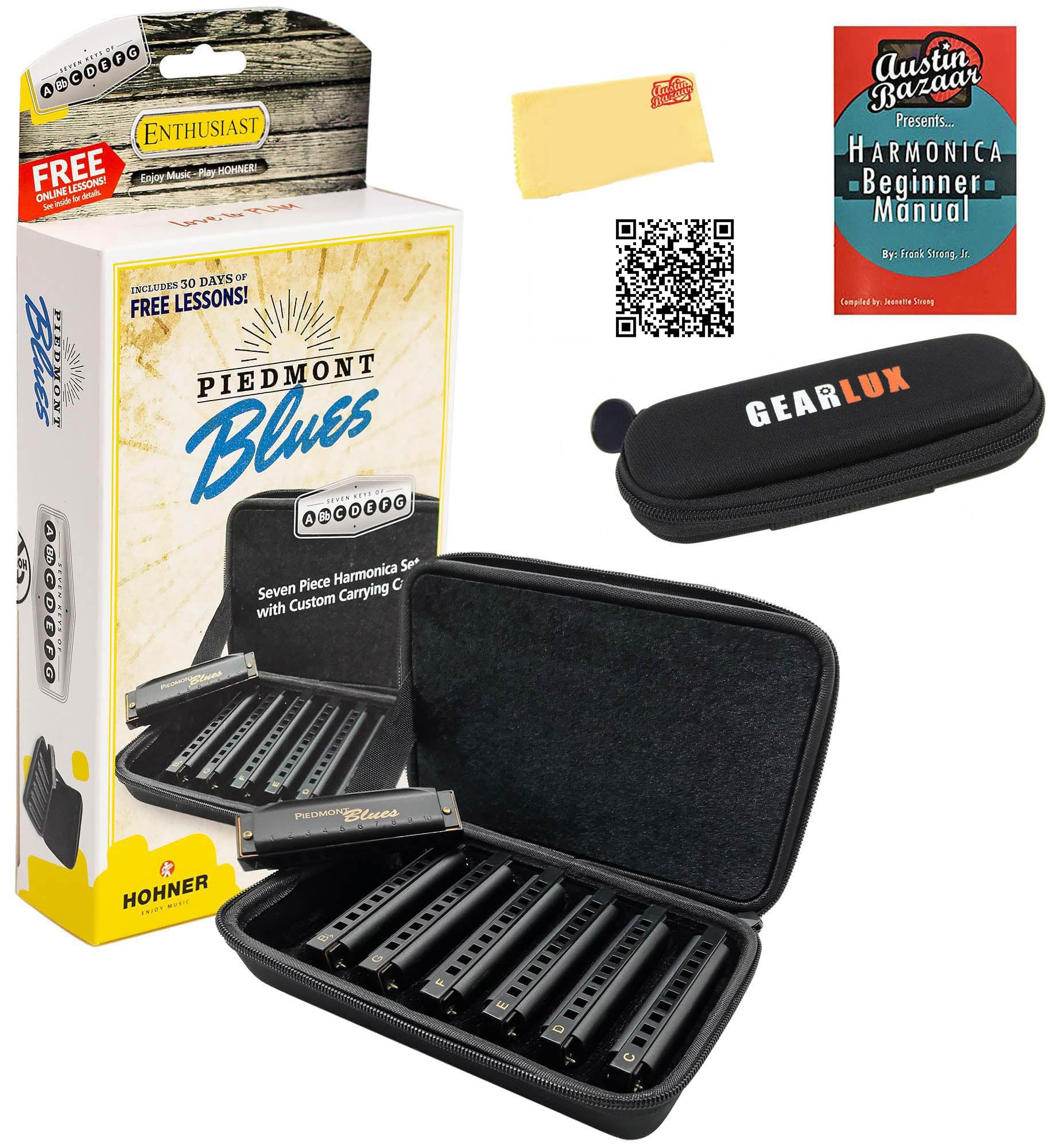 Hohner Piedmont Blues Harmonica 7 Pack - Keys of G, A, Bb, C, D, E, F w/ Zip Pouch