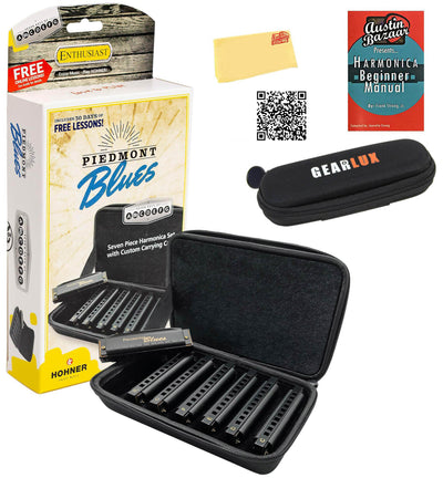 Hohner Piedmont Blues Harmonica 7 Pack - Keys of G, A, Bb, C, D, E, F w/ Zip Pouch