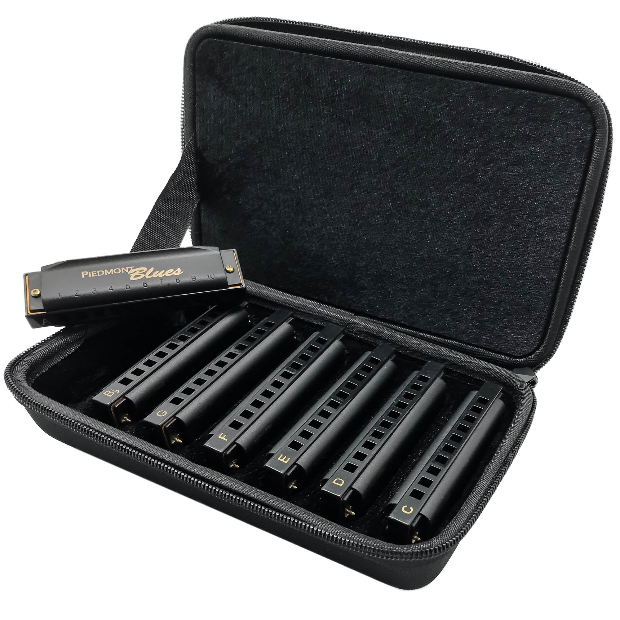 Hohner Piedmont Blues Harmonica 7 Pack - Keys of G, A, Bb, C, D, E, F w/ Zip Pouch