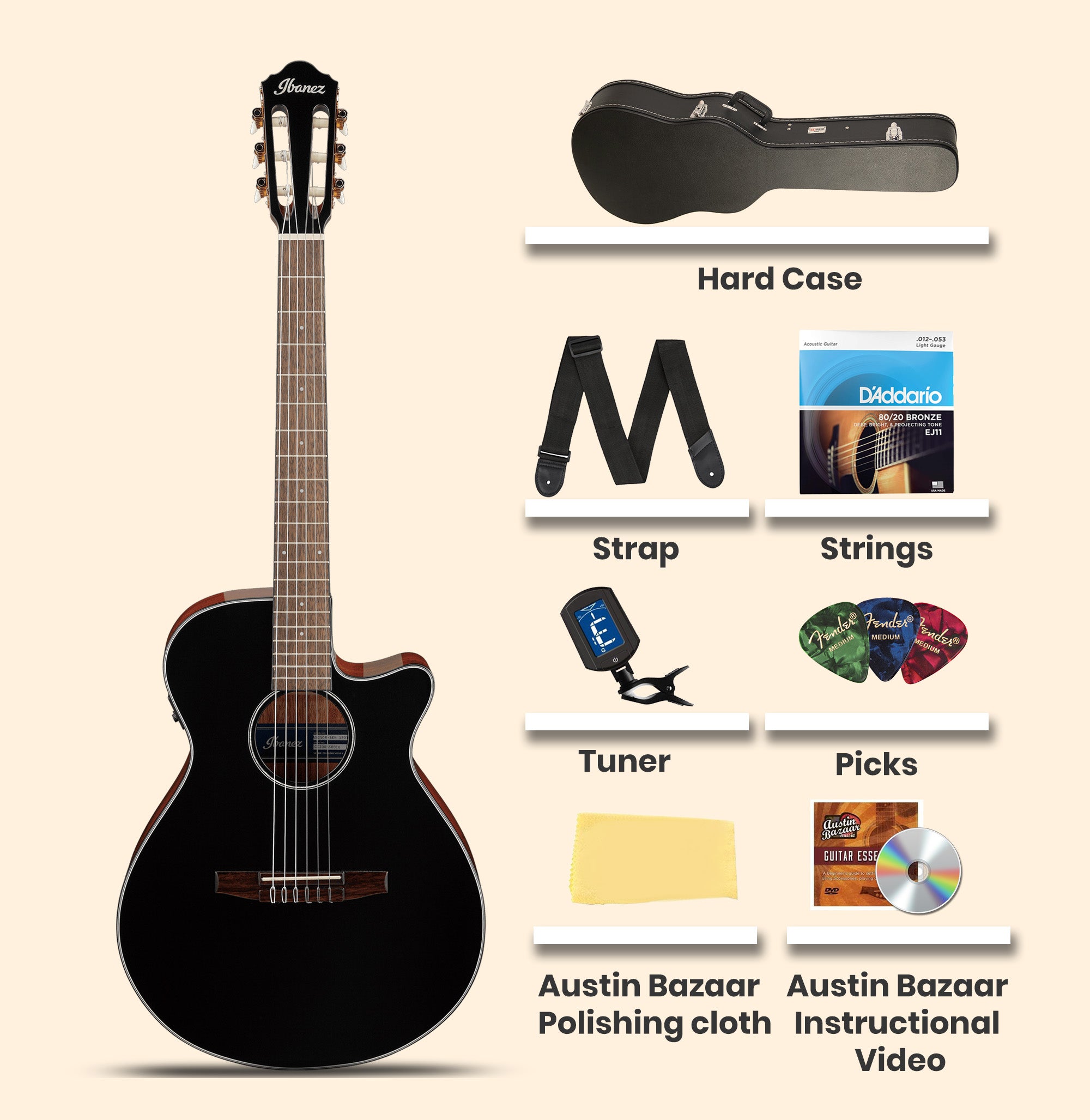 Ibanez AEG50N AEG Nylon String Acoustic-Electric Guitar - Black High Gloss Top w/ Case