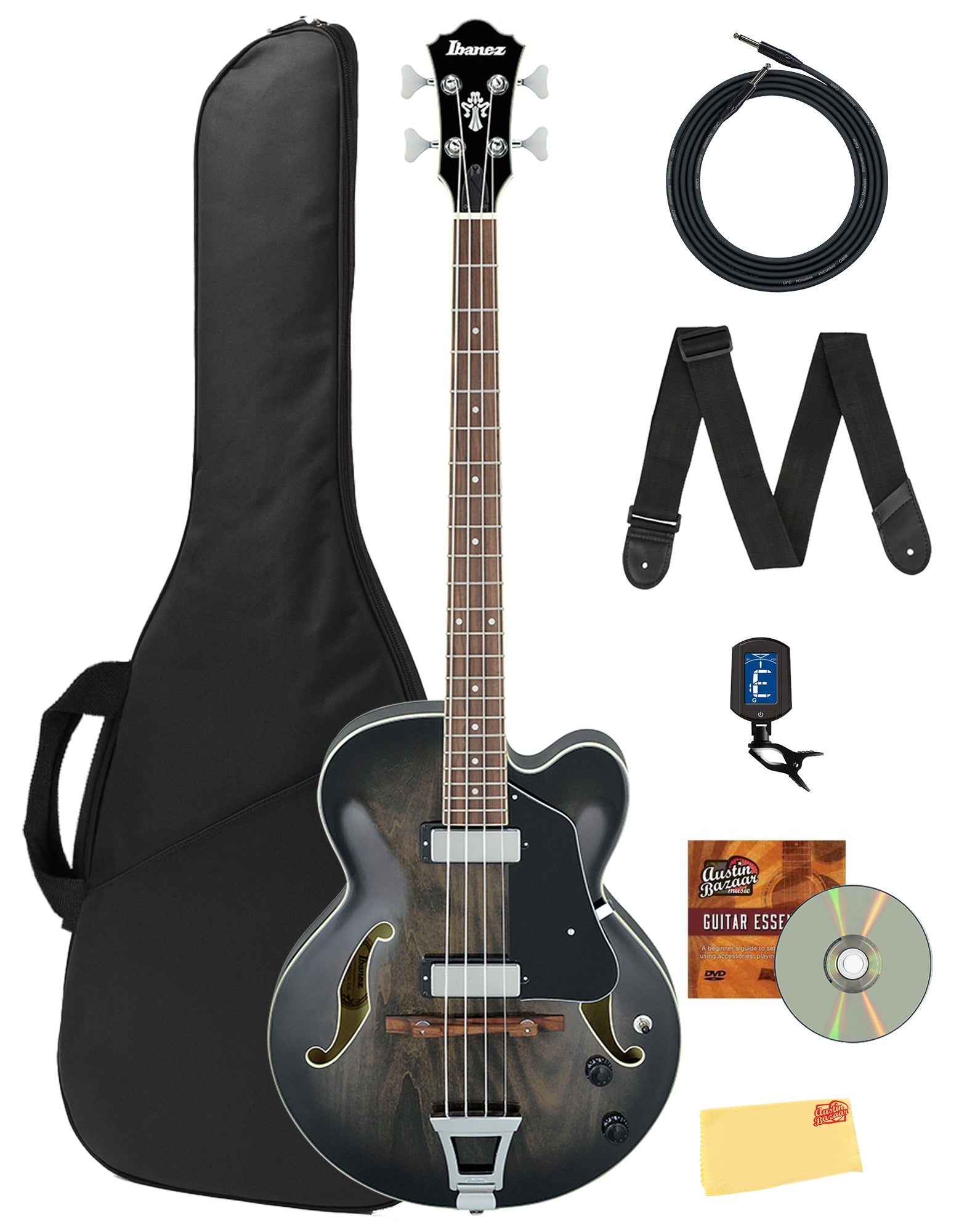 Ibanez AFB200 AFB Artcore Hollow Body Bass - Transparent Black Sunburst w/ Gig Bag