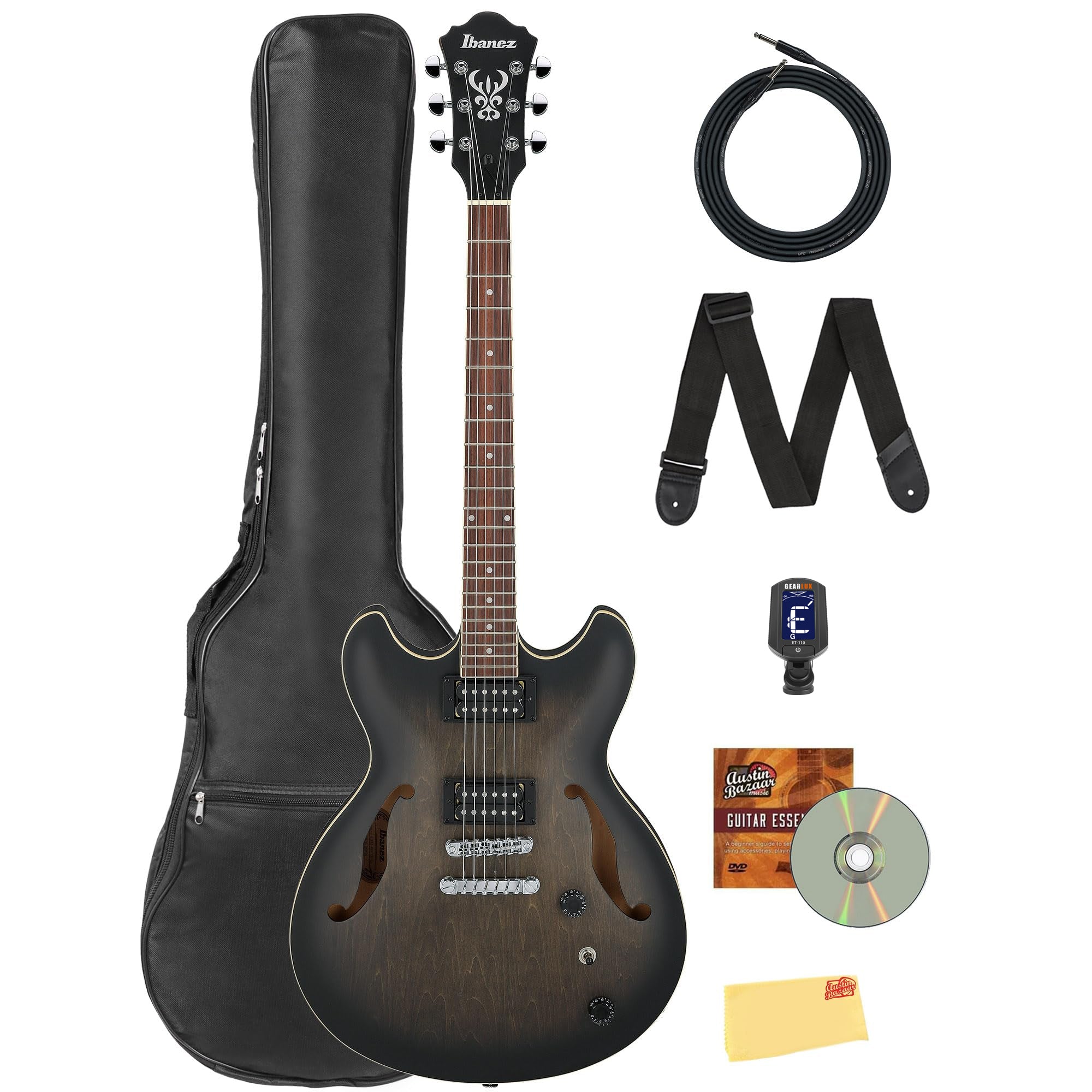 Ibanez AS53 AS Artcore Hollow Body Electric Guitar - Transparent Black Flat w/ Gig Bag