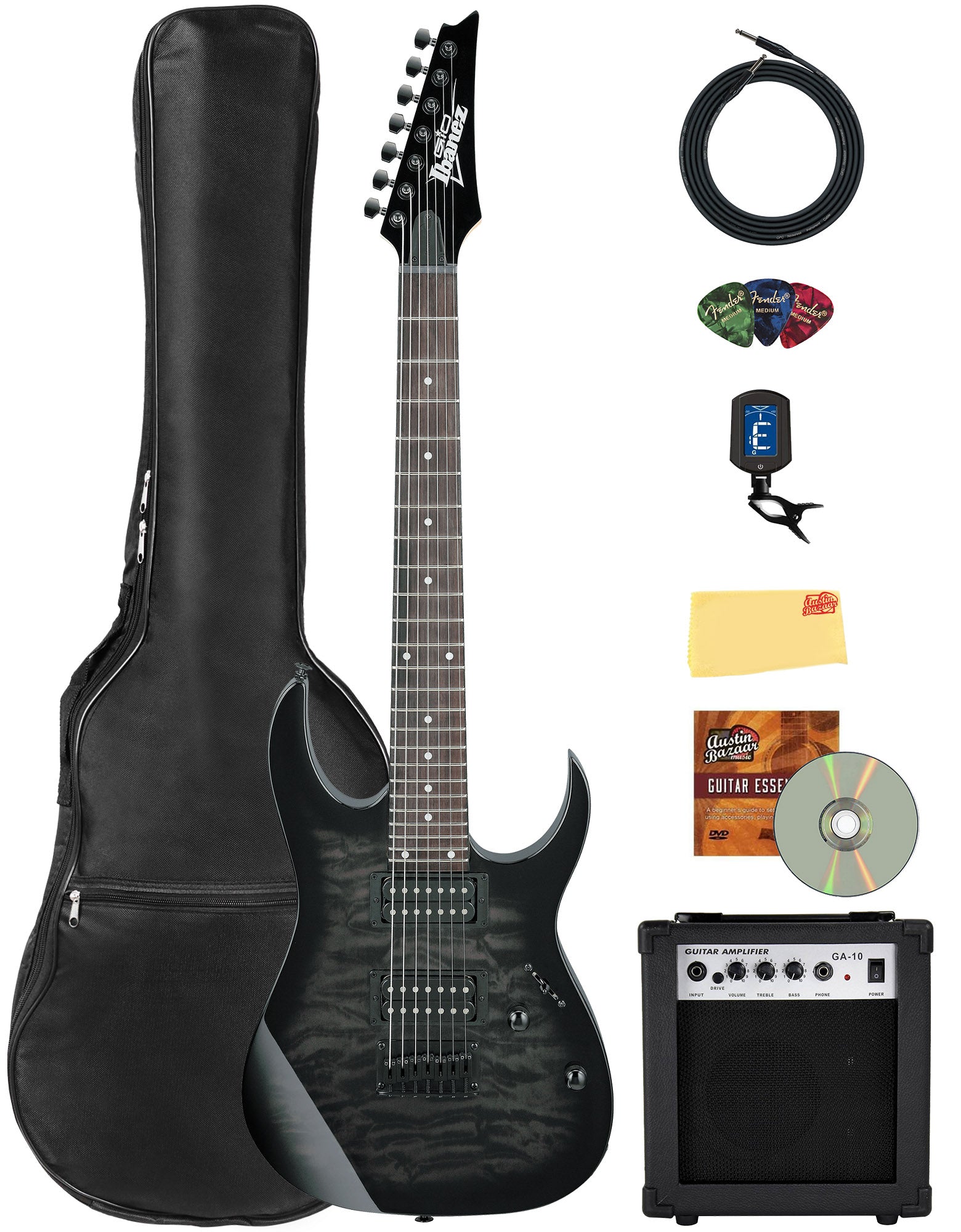 Ibanez GRG7221QA RG Gio 7-String Electric Guitar - Transparent Black Sunburst w/ Amplifier
