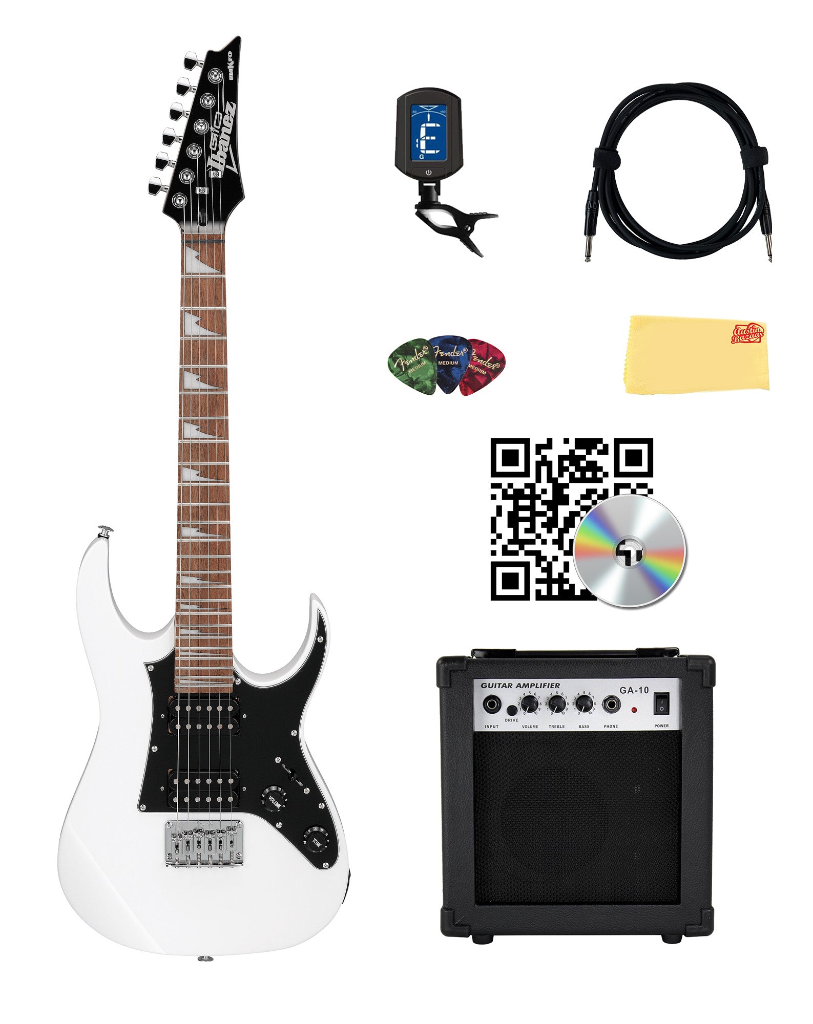 Ibanez GRGM21 RG Gio miKro Short-Scale Electric Guitar - White w/ Amplifier