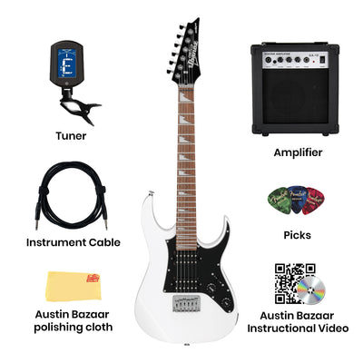 Ibanez GRGM21 RG Gio miKro Short-Scale Electric Guitar - White w/ Amplifier