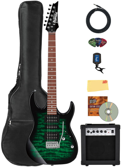 Ibanez GRX70QA RG Gio Electric Guitar - Transparent Emerald Burst w/ Amplifier