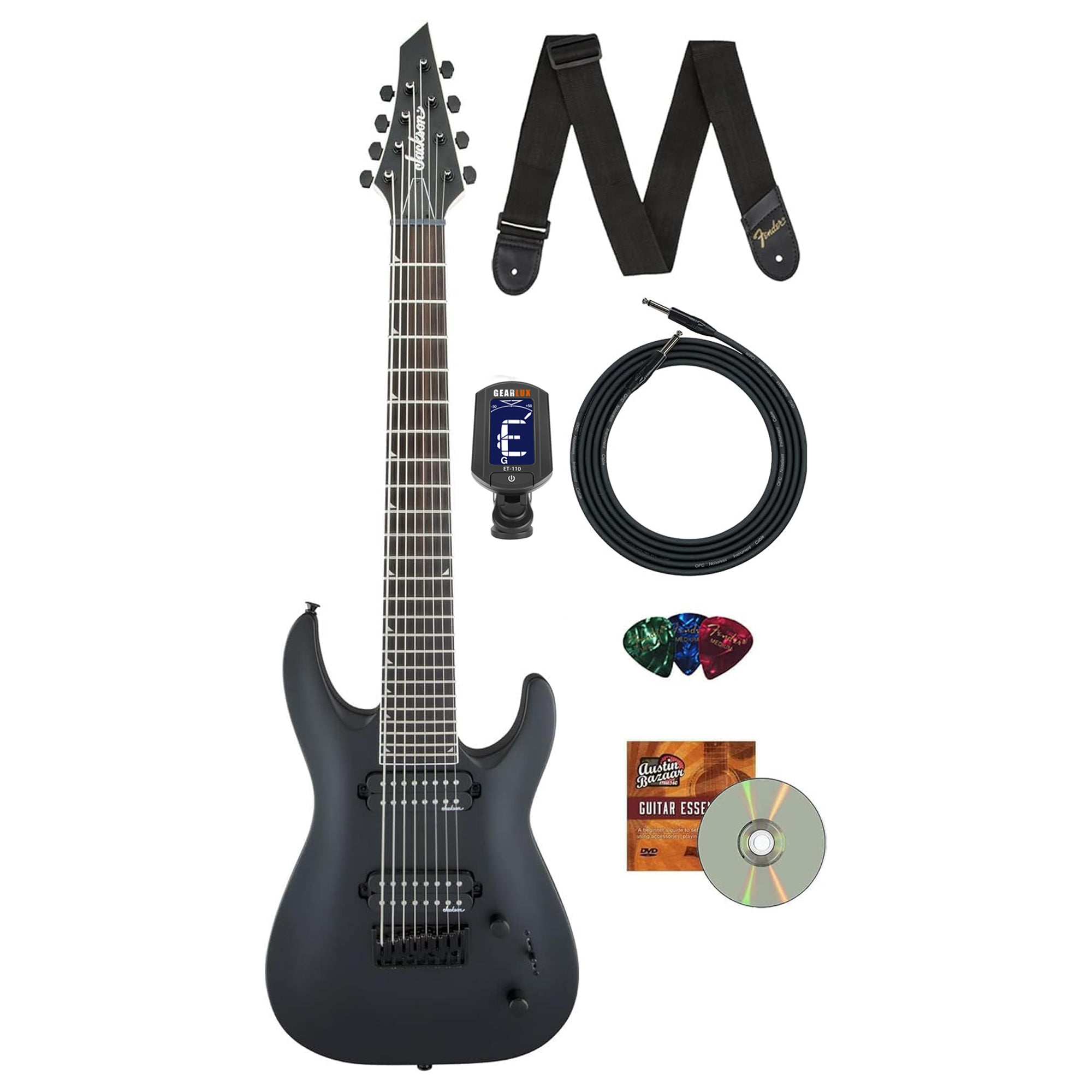 Jackson JS Series Dinky Arch Top JS32-8 DKA HT 8-String Electric Guitar - Satin Black w/ Instrument Cable