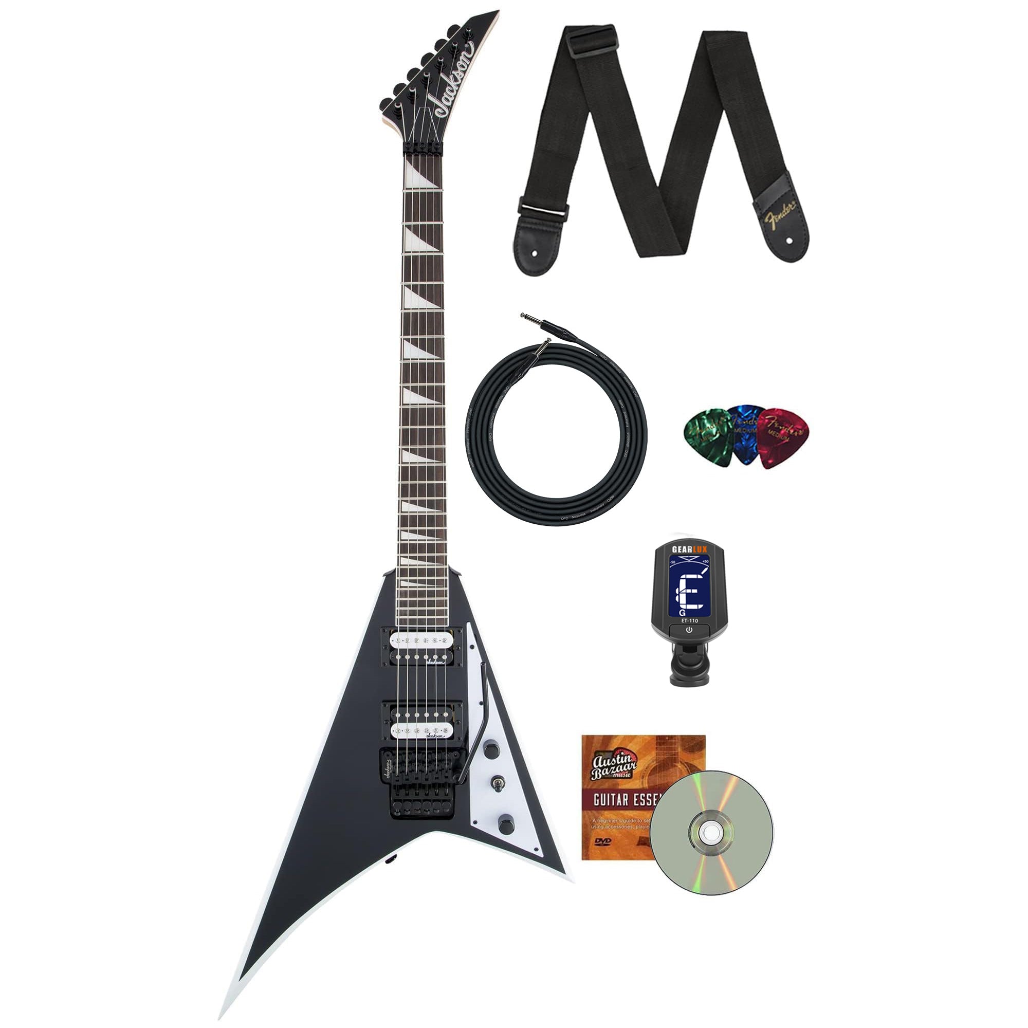 Jackson JS Series JS32 Rhoads Electric Guitar - Black with White Bevels w/ Instrument Cable