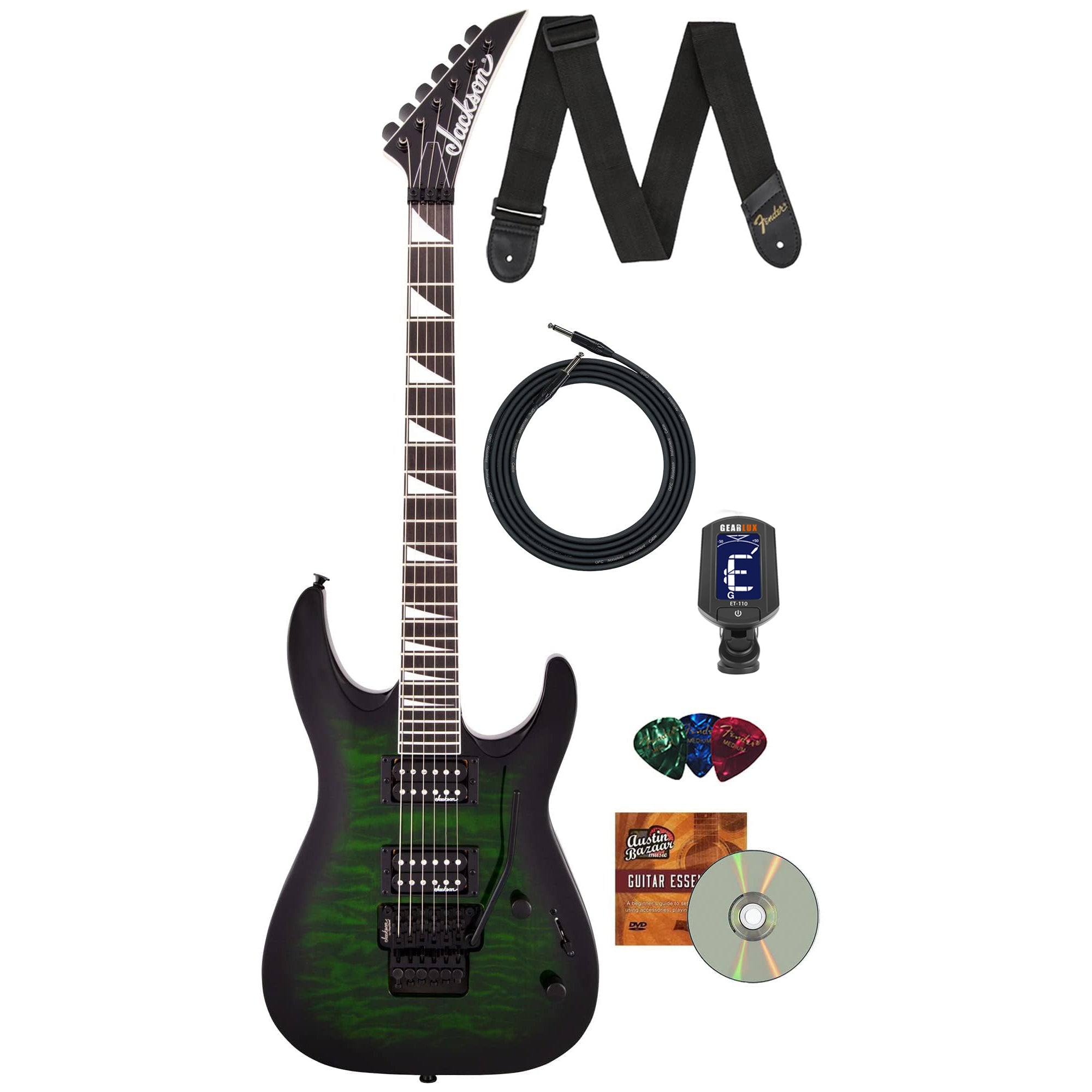 Jackson JS Series Dinky Arch Top JS32Q DKA Electric Guitar - Transparent Green Burst w/ Instrument Cable