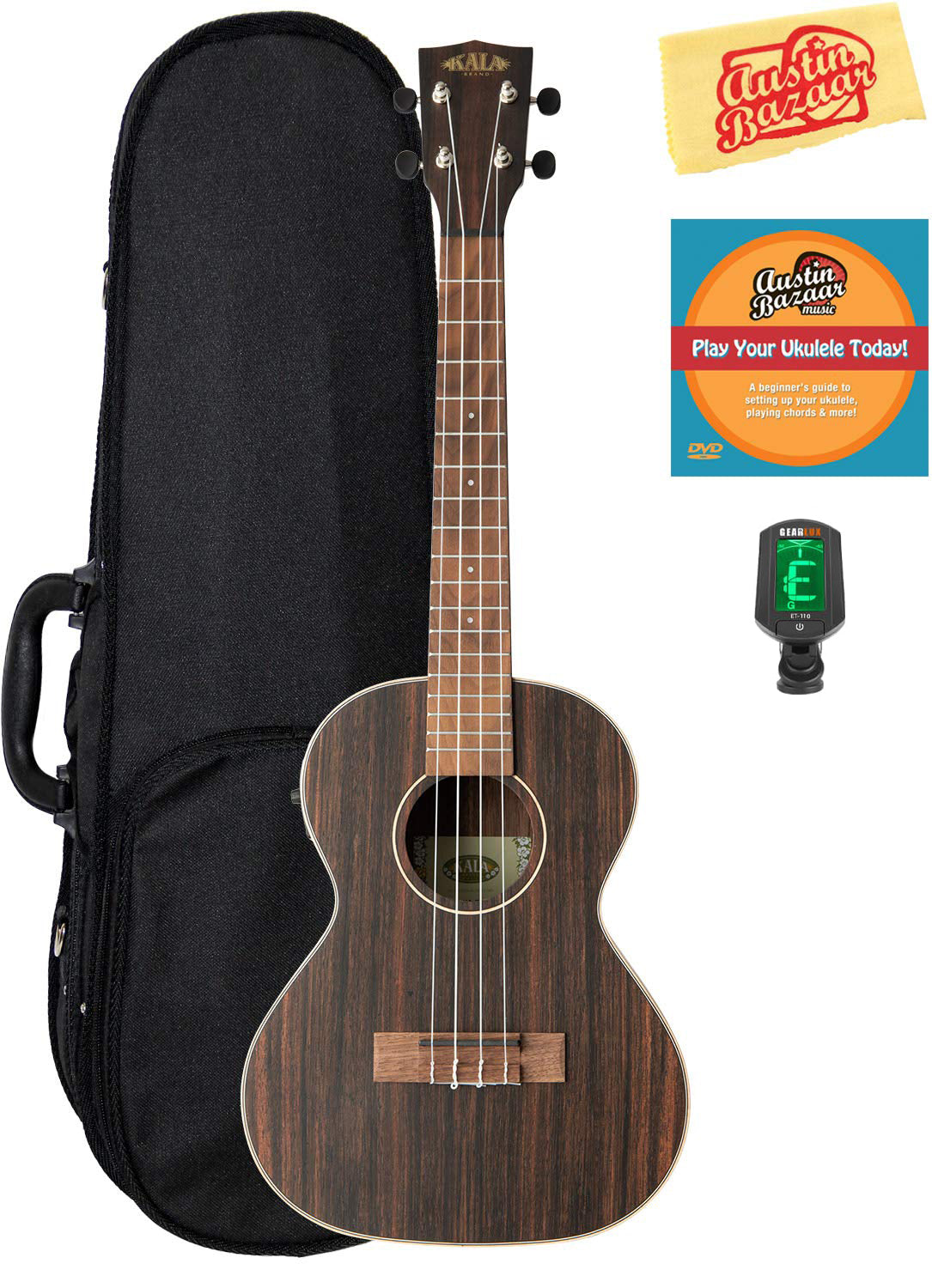 Kala KA-EBY-TE Striped Ebony Tenor Acoustic-Electric Ukulele w/ Hard Case