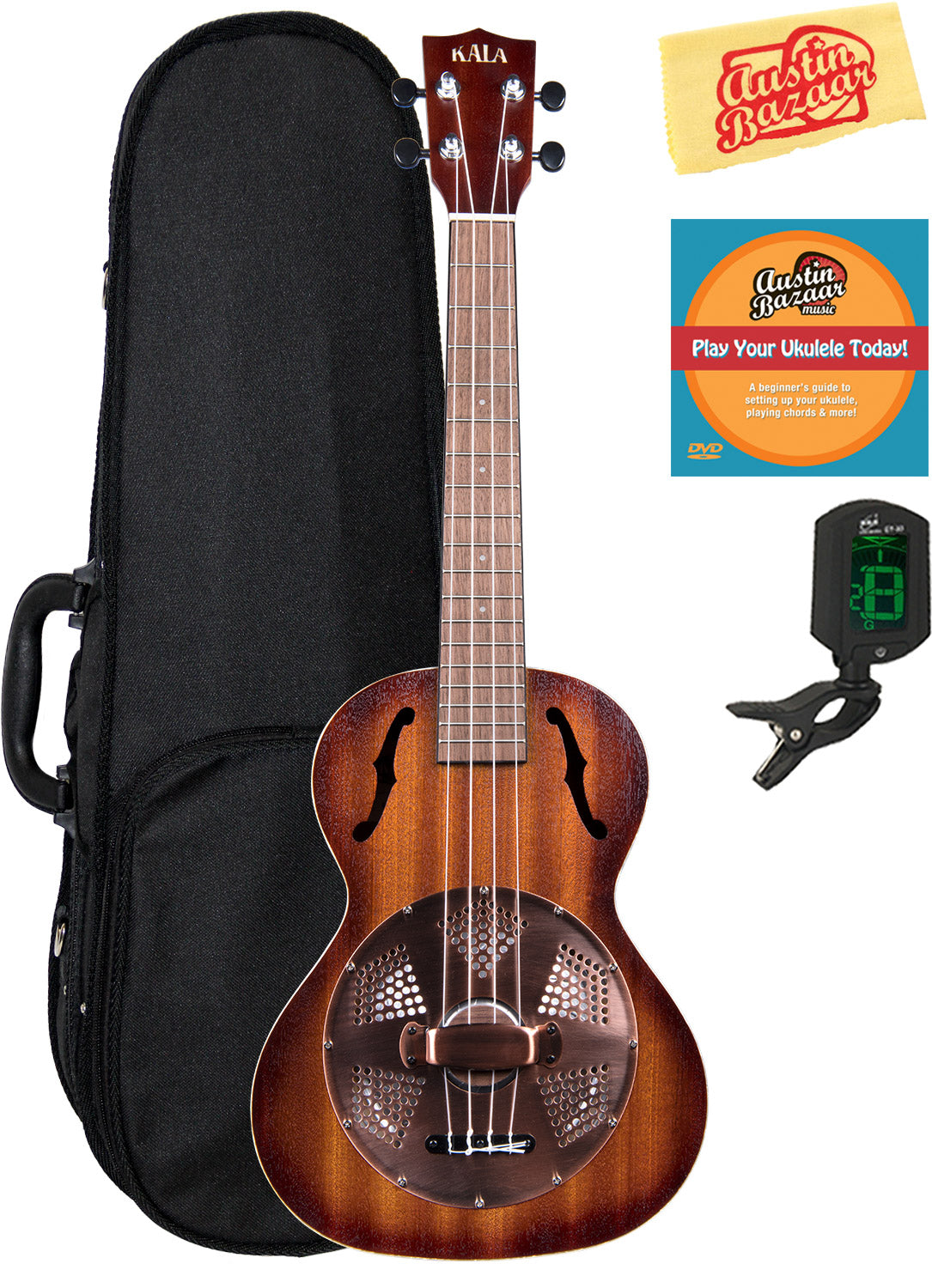 Kala KA-RES-BRS Tenor Resonator Ukulele with Brass Cover - Mahogany Burst w/ Hard Case