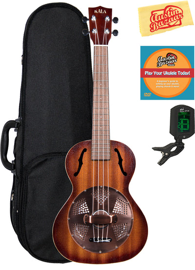 Kala KA-RES-BRS Tenor Resonator Ukulele with Brass Cover - Mahogany Burst w/ Hard Case