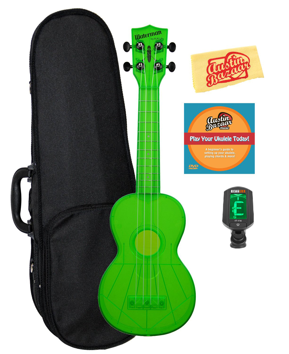 Kala KA-SWF-GN Waterman Soprano Ukulele - Fluorescent Green Gloss w/ Hard Case
