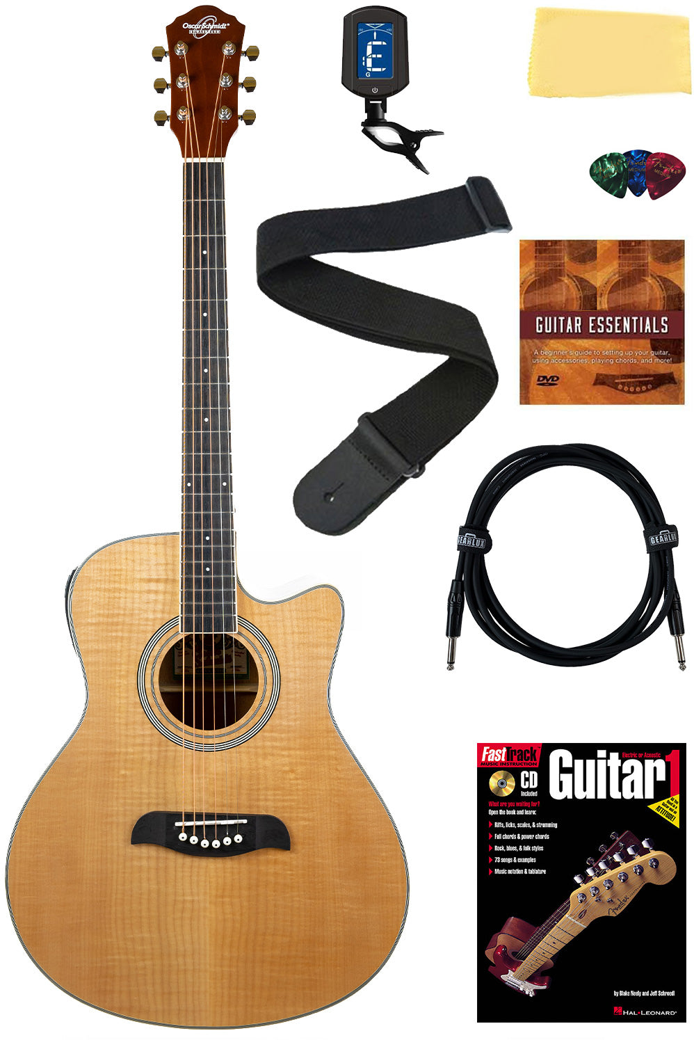 Oscar Schmidt OA10CE Mini Auditorium Acoustic-Electric Guitar - Natural w/ Cable