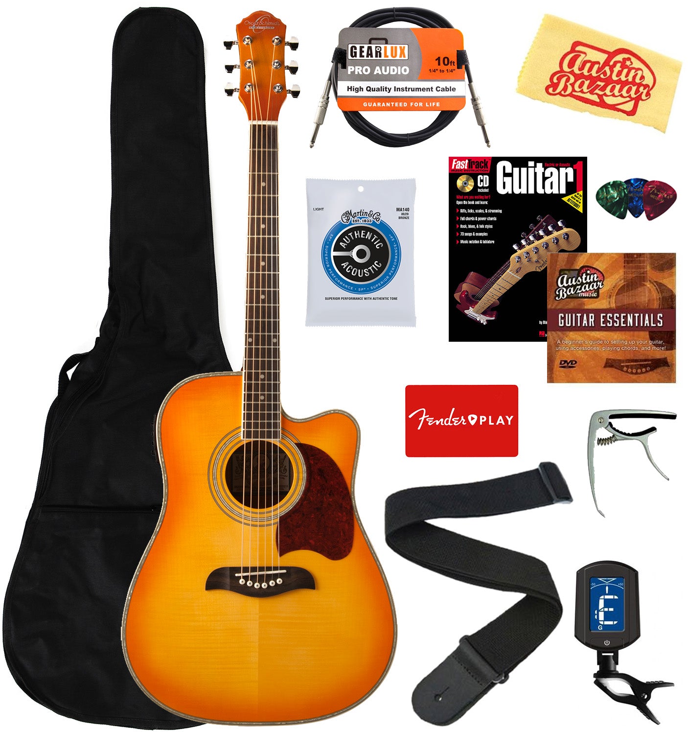Oscar Schmidt OG2CE Dreadnought Acoustic-Electric Guitar - Flame Yellow Sunburst w/ Gig Bag