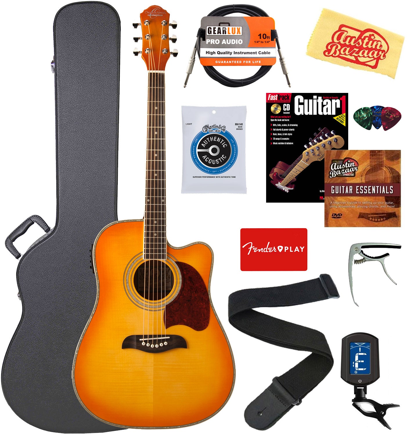 Oscar Schmidt OG2CE Dreadnought Acoustic-Electric Guitar - Flame Yellow Sunburst w/ Hard Case