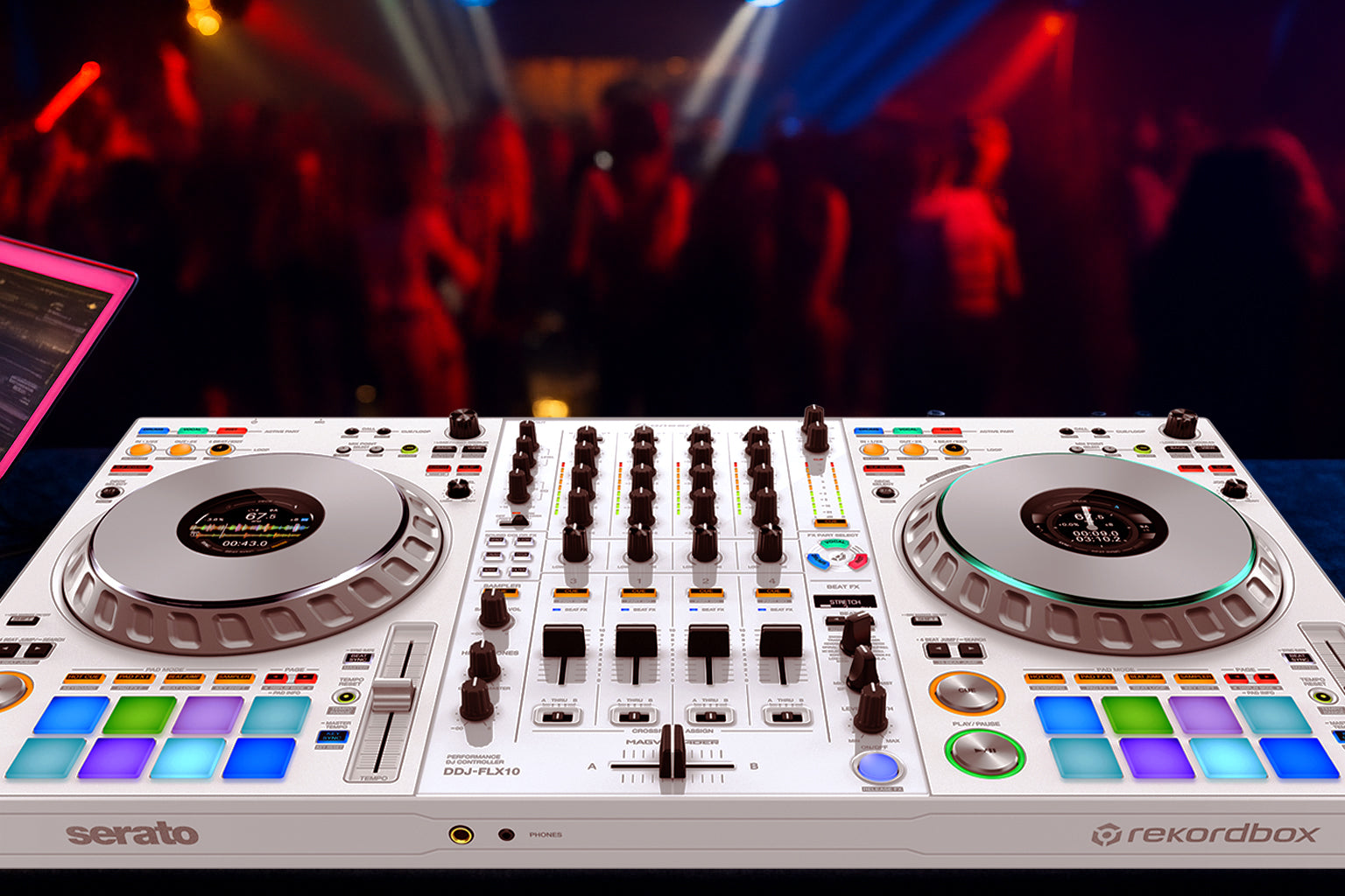 Pioneer DJ DDJ-FLX10 4-Channel Professional DJ Controller - White w/ Laptop Stand