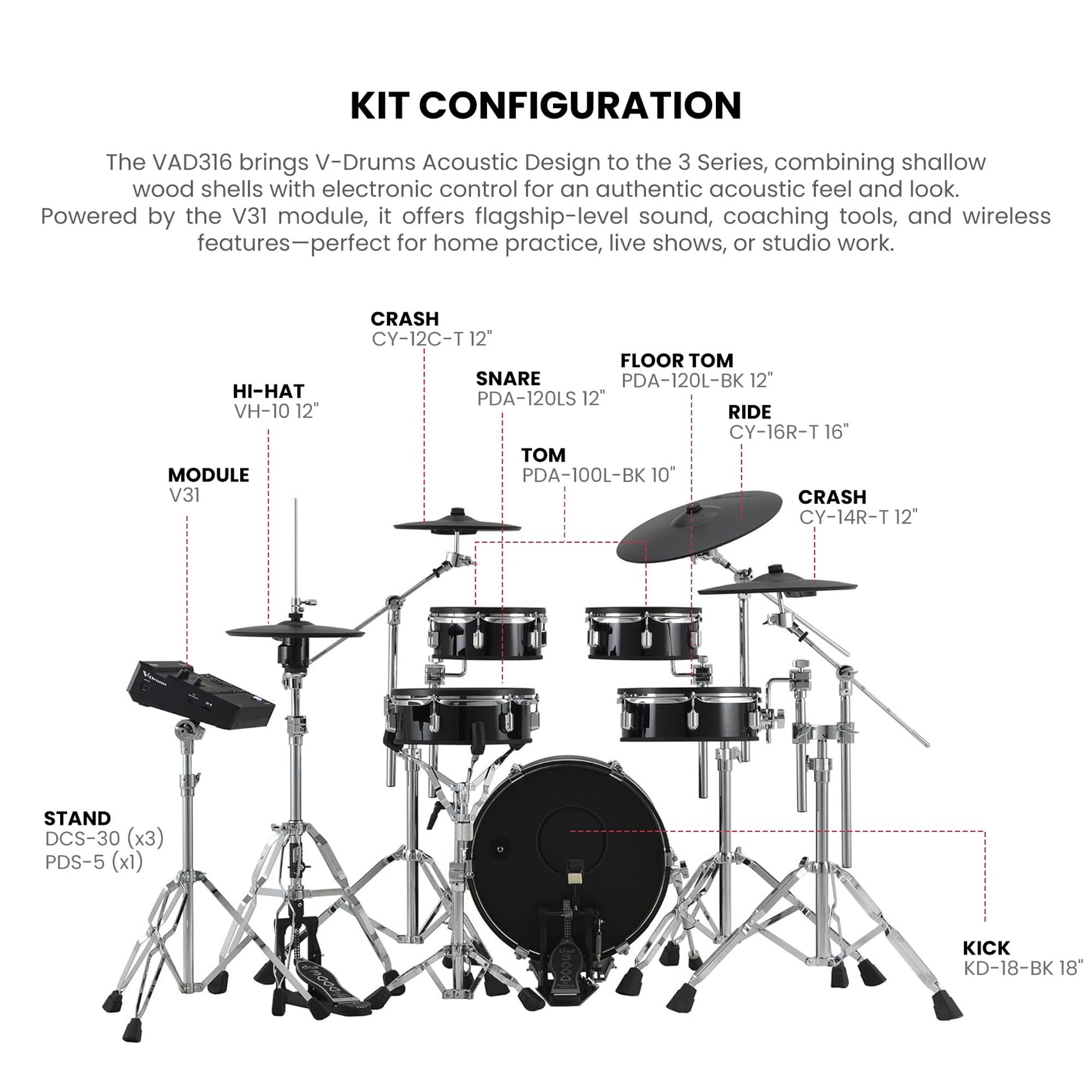 Roland VAD316 V-Drums Acoustic Design Electronic Drum Kit w/ Drumstick Bag