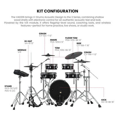 Roland VAD316 V-Drums Acoustic Design Electronic Drum Kit w/ Drumstick Bag