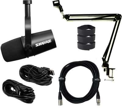Shure MV7-K Podcast Microphone - Black w/ Desk Boom Arm Stand